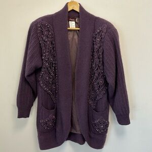 VINTAGE lambswool & angora sweater cardigan coat fully lined crochet & beads Med